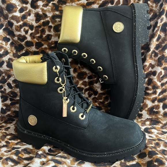 Brand New Timberland 6" Leather Black & Gold Metallic Lace Up Hiking Boots - Picture 1 of 15